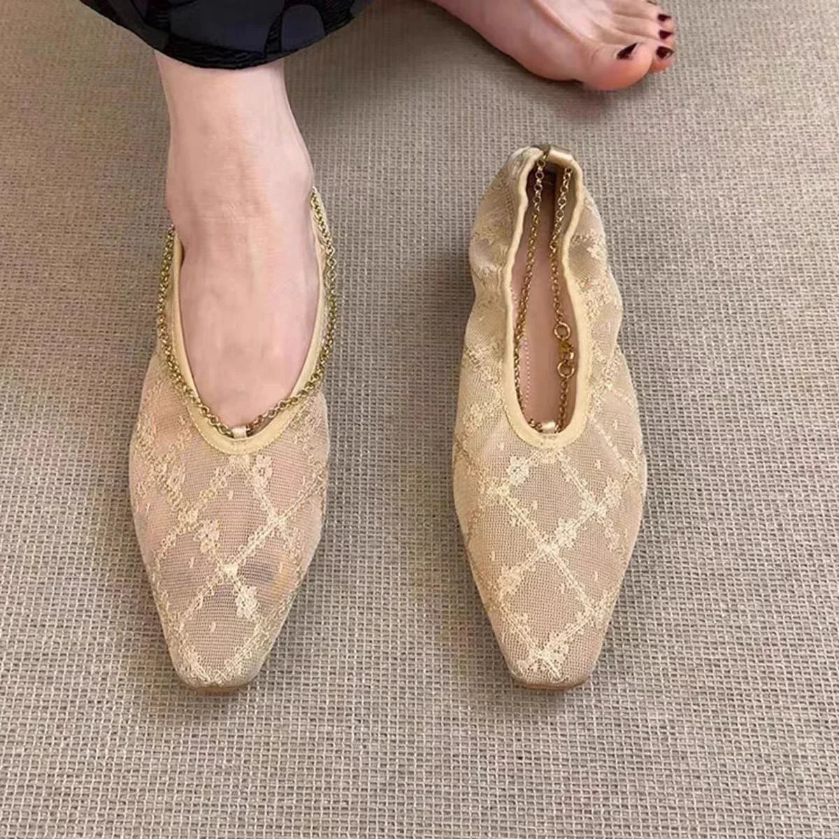 2025 New Lace Mesh Breathable Single Shoes Women's Summer French Square Toe Slip-On Chain Mary Jane Flats