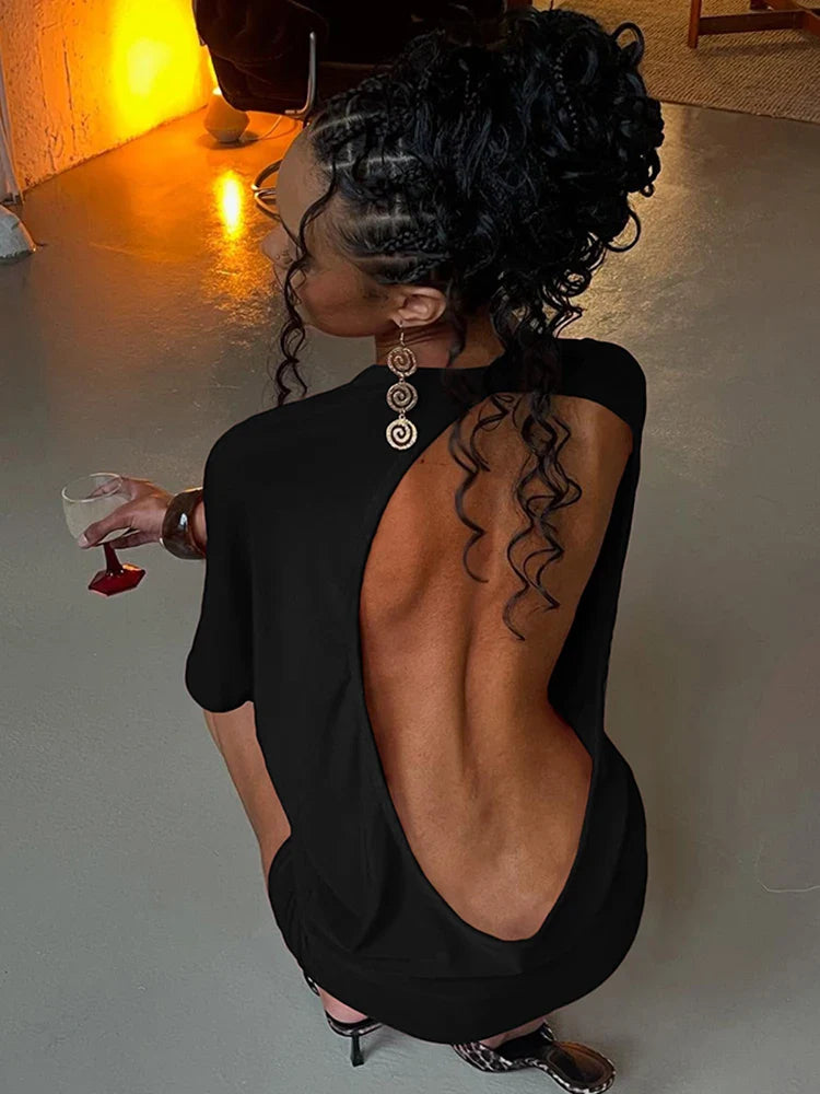 Cutenew Solid Backless Women Mini Dress Trend Summer Sexy Chic Half Sleeve Crew Neck Body-shaping Frock Mujer Simple Party Wear