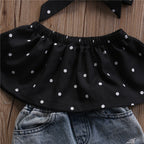 0-36months Baby Girls Summer Outfits Off Shoulder Polka Dot Tops + Ripped Jeans + Bow Headband Girls Casual 3pcs Set