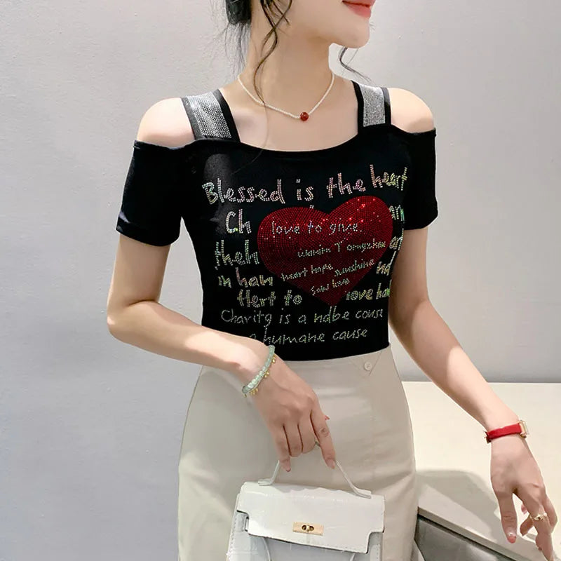 Aoxison Summer Short Sleeved Women's T-Shirt Elegant Slim Shiny Love Heart Diamonds Mesh Tops Chic Girl Sexy Off Shoulder Tees