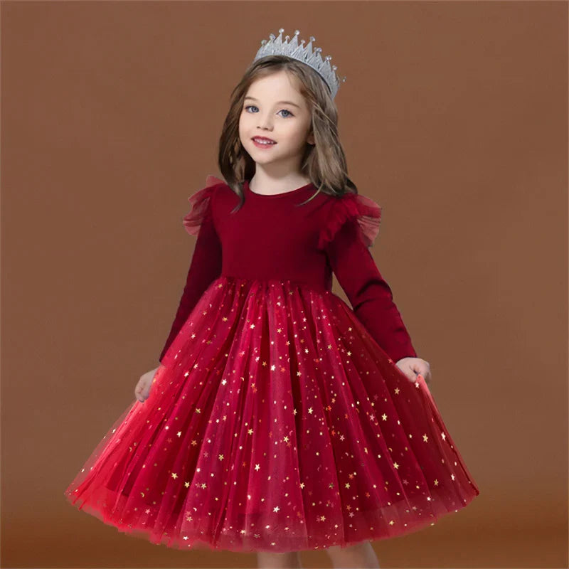 2025 Red Christmas Dress for Baby Girls Winter Long Sleeve Mesh Dresses for 3-8Yrs Kid Star Sequin Birthday Party Princess Dress