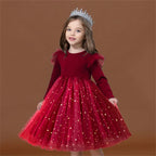 2025 Red Christmas Dress for Baby Girls Winter Long Sleeve Mesh Dresses for 3-8Yrs Kid Star Sequin Birthday Party Princess Dress