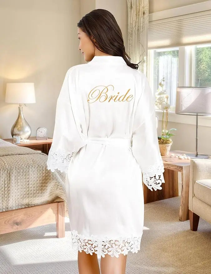 4 Pcs Bride Robe for Wedding Day Set Bridal Robe with Slippers Lace Trim Wedding Robe for Bridal Bachelorette Party