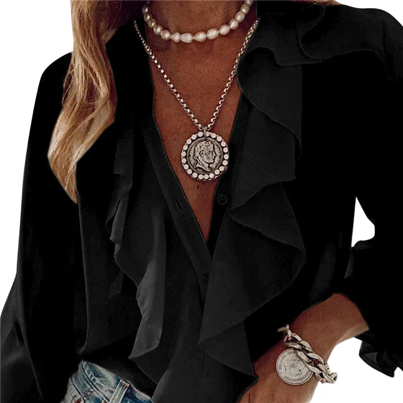 Chiffon Solid Color Shirts Women Loose Ruffled V Neck Long Sleeve Blouses Tops Female 2024 Autumn New Lady Streetwear Top