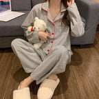 2PCS/Set Women's Long Sleeve Loose Breathable Student Sleepwear Loungewear Cardigan Gray Striped Girl Fashion Pajamas Homewear