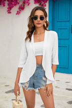 2024 Summer Fashion Ladies Hollow Out Cardigan Boho Tops Women Beach Outwear Casual Three Quarter Sleeve Sunscreen Shirt