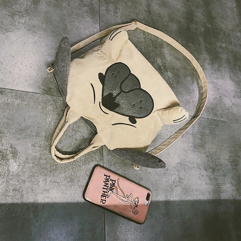 Cute Animal Handbags For Women Casual Travel Large Capacity Totes Shoulder Bags Pug Dog Corduroy Messenger Bag Feminine Bolsas