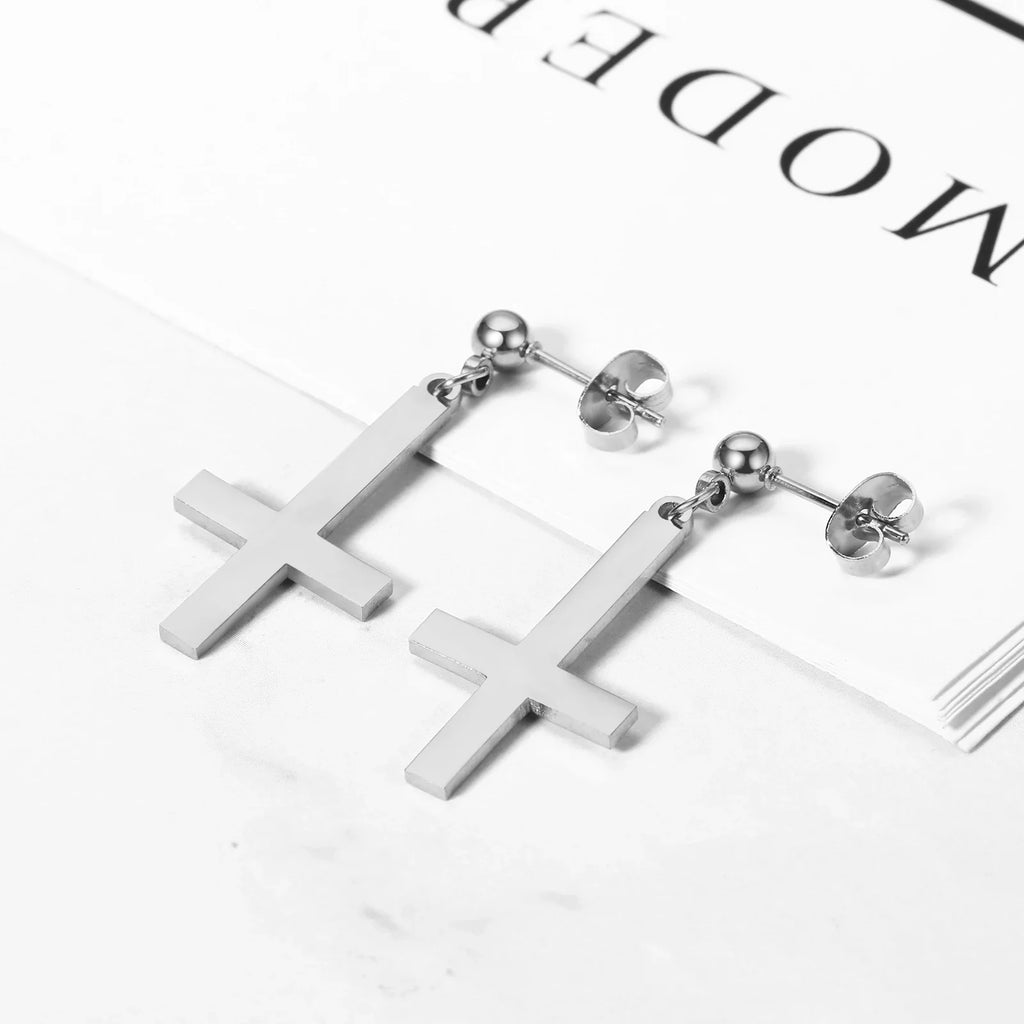 BONISKISS Men Women Stainless Steel Inverted Upside Down Cross Earring Church of Satan Temple Occult Satanic Witchy Stud Jewelry