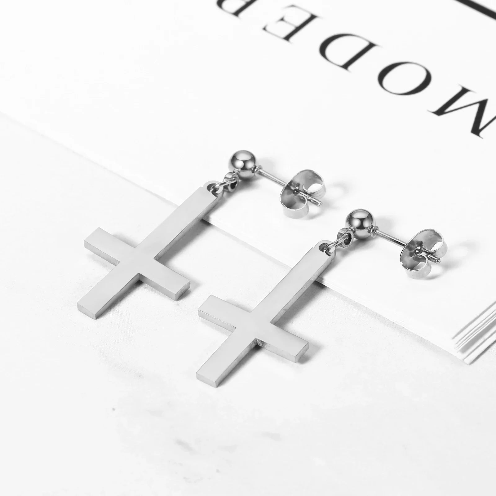 BONISKISS Men Women Stainless Steel Inverted Upside Down Cross Earring Church of Satan Temple Occult Satanic Witchy Stud Jewelry