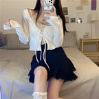 Casual Knitted Cardigan Women Fashion Thin Sunscreen Lace-Up Knitwear Tops Y2k Girls Korean Style Flare Sleeve Cropped Coat
