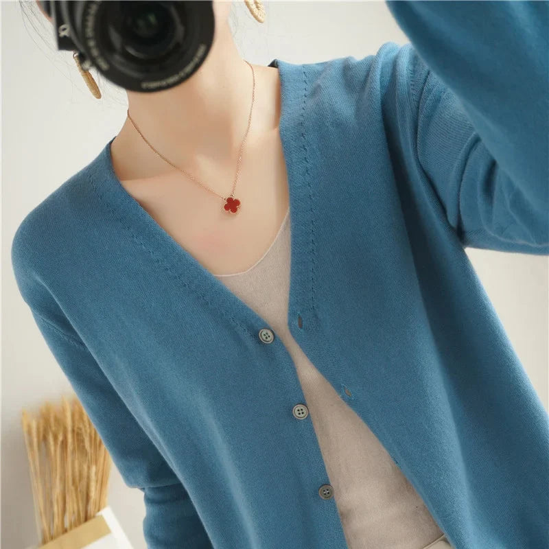 100% Cotton Line Long Sleeve V-Neck Knitted Cardigan Women Loose Short Solid Color Simple Sun Protection SMY K61