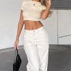2025 Spring New Short Sleeve T-Shirt Women Solid Simple Casual Soft All-Match Hot Basic Crop Tops Tees Summer Fashion Slim Fit T