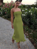 Dulzura Sleeveless Ruffles Patchwork Strapless Bodycon Midi Dress Women'S Solid Sexy Outfit Party Clubwear For Autumn Winter