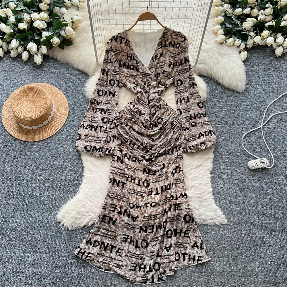 Chic vintage long sleeve Criss-Cross print pleated Elegant Fairy korean fashion dress women clothing Long dress