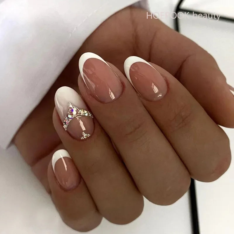 24pcs Nude French Fake Nails White Edge Almond False Nails Art Full Coverage Removable Waterproof Artificial Press on Nail
