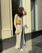 DSMTRC 2025 Holiday Knitted See-throught Cardigan Dress V Neck Long Flare Sleeves Leisure Long Trendy Single Breasted Autumn