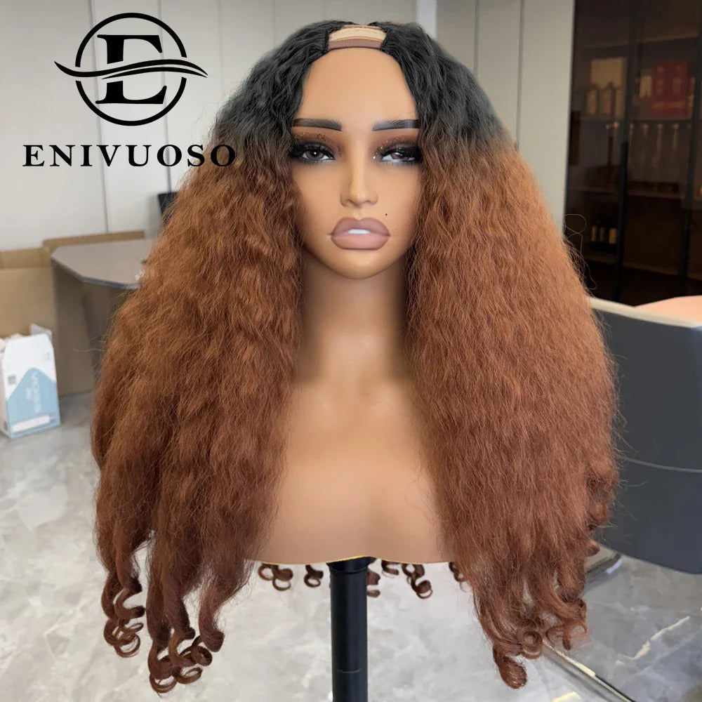Afro Kinky Straight V Part Wigs with Bouncy Curls Short Synthetic Glueless Wigs for Black Women No Leave Out Clip in Half Wigs