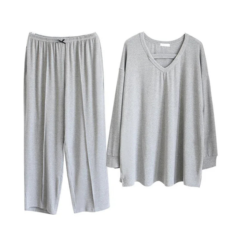 150KG Extra Large Size Loose Pajamas Women Solid Long-sleeved V-neck Two-piece Set Spring Casual Loungewear Can Be Worn Outside