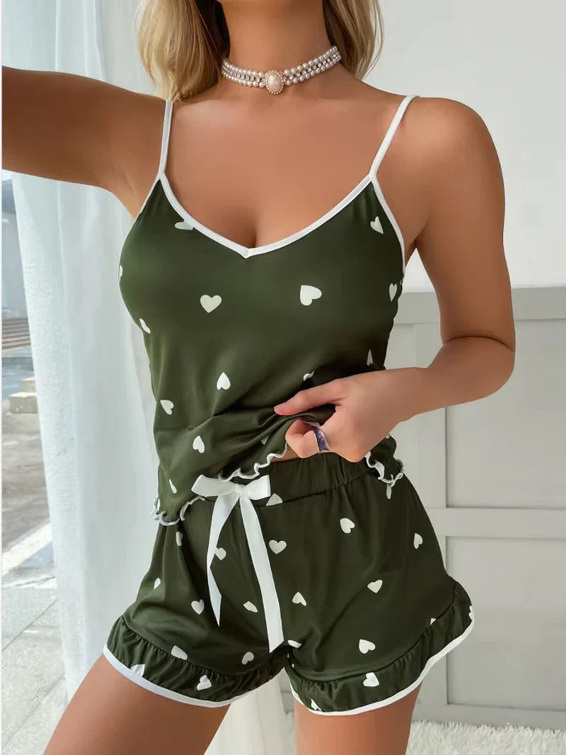 2025 Summer Pajama 2Pcs Set Large Size Vest Ruffle Shorts Women's Suspenders Soft Casual Cute Printed Women pajamas set Sexy Bow