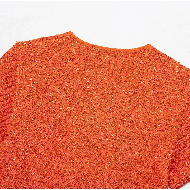 Elegant Sequined Orange Cardigans Women Y2k O-neck Short Sleeve One Button Female Tops 2025 Street Summer Lady Chic Knitwear