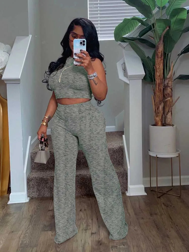 2 Piece Sets Womens Outfits Elegant Stretchy Knitted Summer Suit Sexy Sleeveless Top and Pant Suit Wholesale Dropshipping