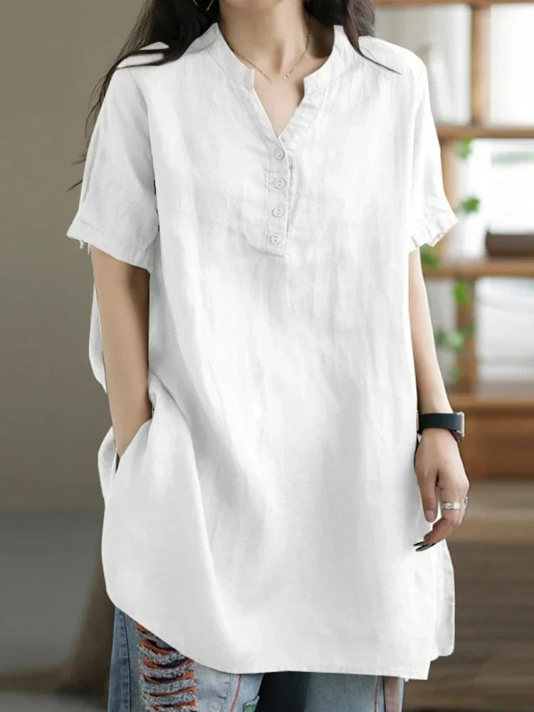 2024 Summer Fashion Cotton and Hemp Women's Shirt Commuting Style Casual Half Open Short Sleeve Casual Shirt Top