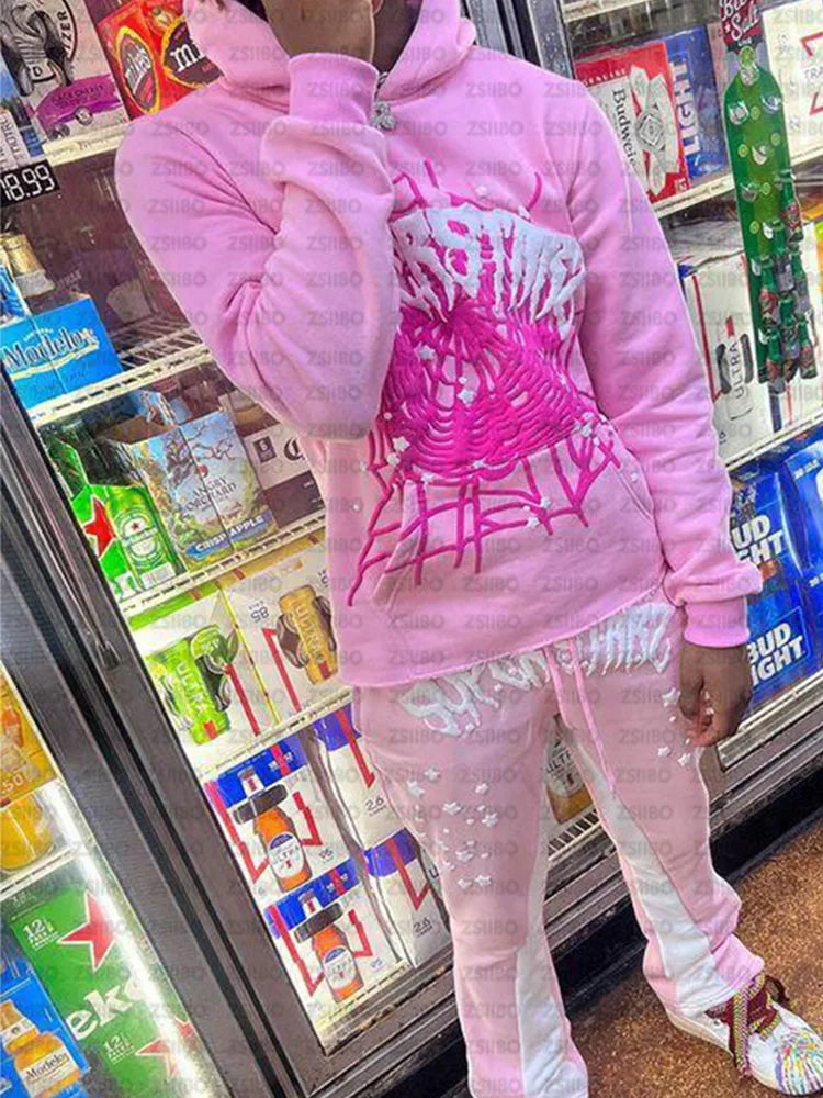 BIG PROMOTION Y2K European and American Autumn/Winter Men's Hip Hop Street Spider Web Letter Printed Loose Hooded Sweater