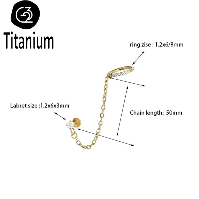 Chain Earring with Labret Ear Stud ASTM G23 Titanium Piercing Nose Ring Cartilage Helix Daith Punk Lip Piercing Body Jewelry 16G