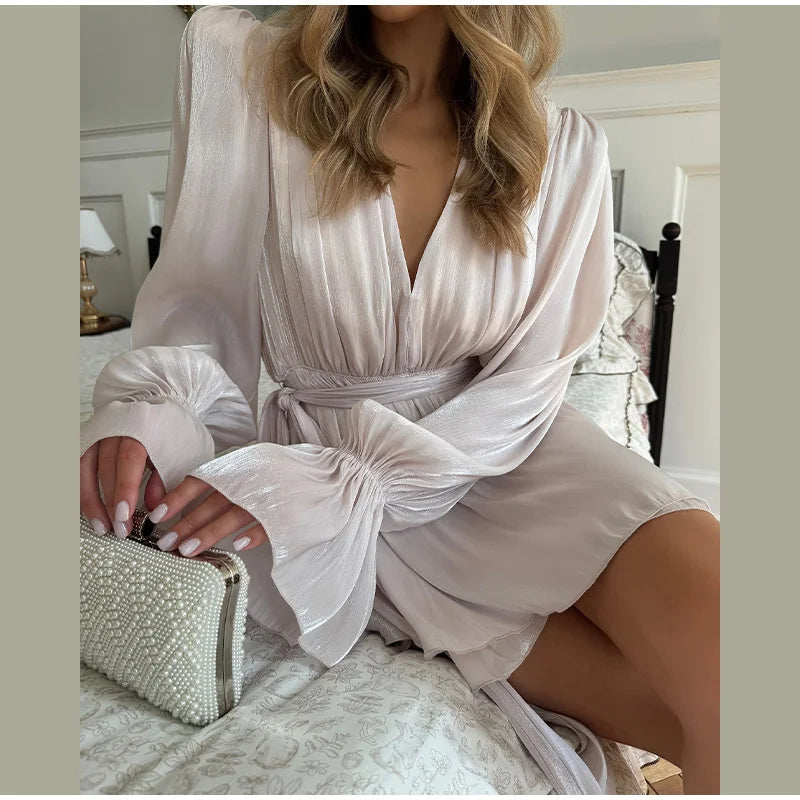 3D Flower Ruffles Mini Dress Women Elegant V Neck Lace Up Long Sleeves Ribbon Vestidos Female 2025 Summer Fashion Chic Dress