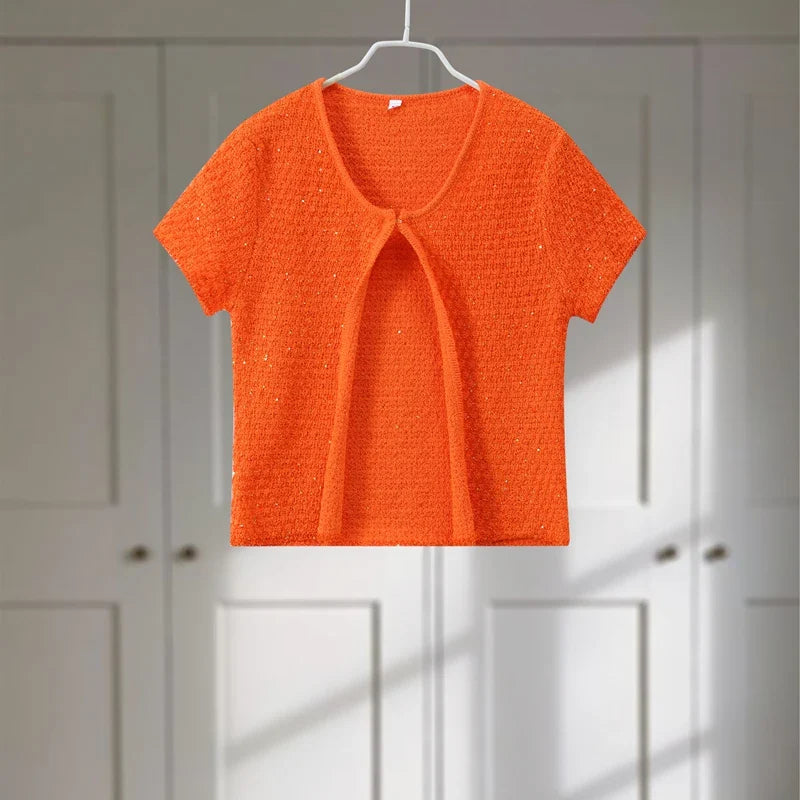 Elegant Sequined Orange Cardigans Women Y2k O-neck Short Sleeve One Button Female Tops 2025 Street Summer Lady Chic Knitwear