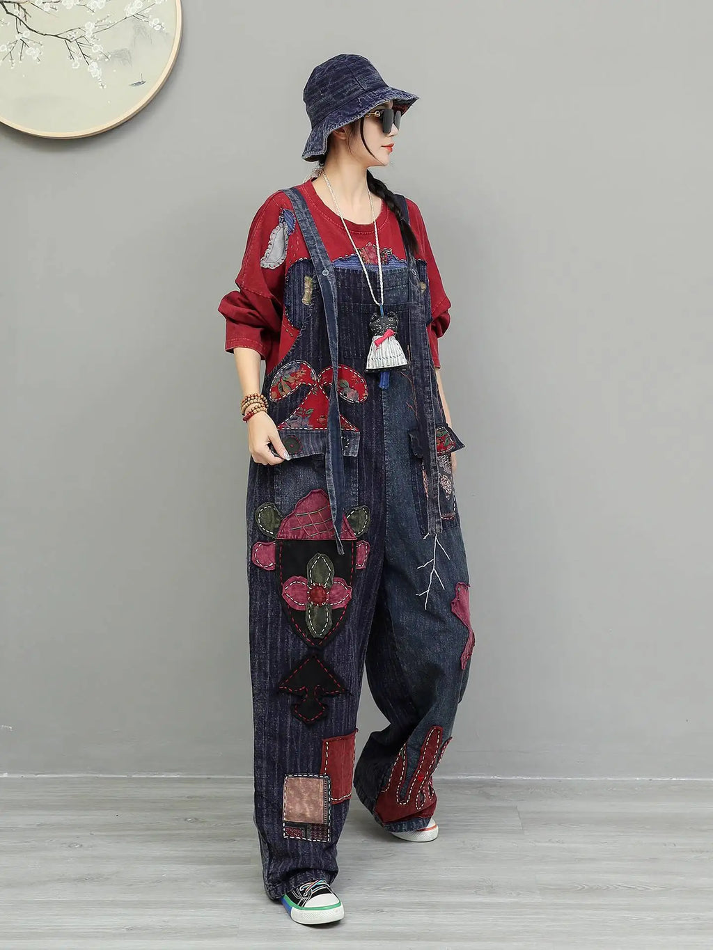 Hand Embroidery Old Cloth Patchwork Wide Leg Strap Long Pants Women Autumn Loose High Waist Jumpsuit LX4343