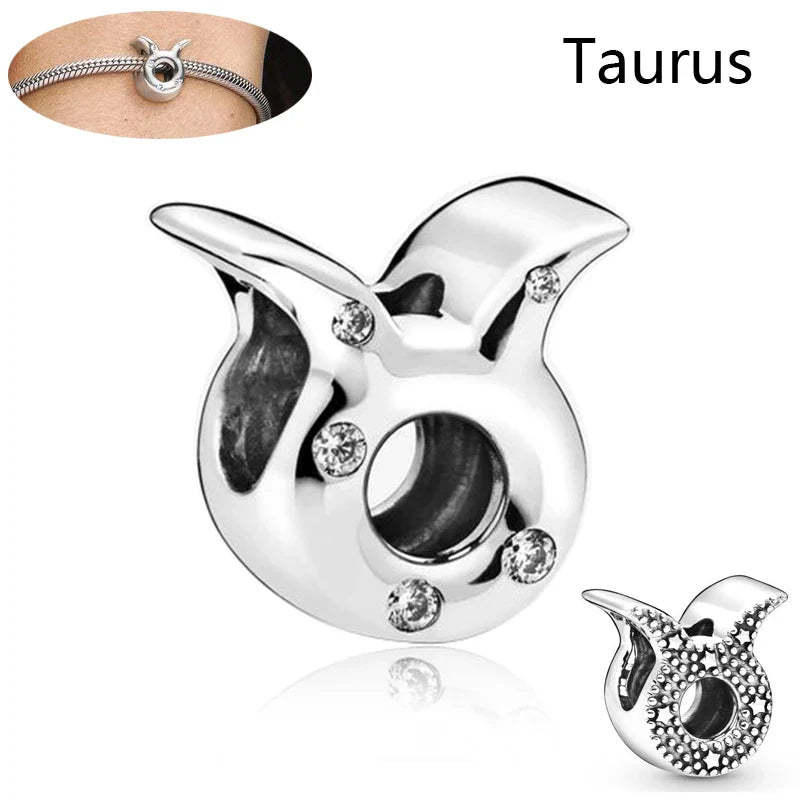 Authentic 925 Sterling Silver Sparkling Aries Leo Scorpio 12 Zodiac Signs Constellation Charm Beads Fit Pantaro Bracelet Jewelry