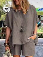 2024 Summer Fashion Cotton and Hemp New Elegant Women's Casual Two Piece Set Short Sleeved Top Waist Wide Leg Pants Set