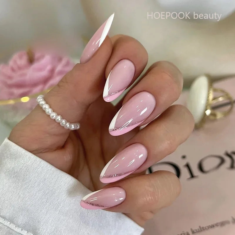 24pcs Nude French Fake Nails White Edge Almond False Nails Art Full Coverage Removable Waterproof Artificial Press on Nail
