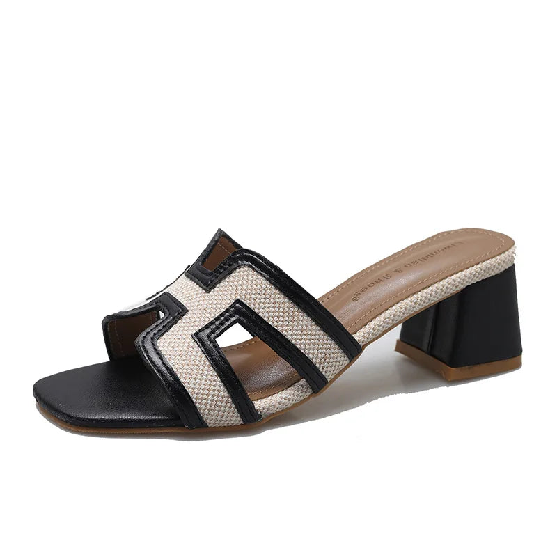 2025 Summer new arrival,fashion style grids high heel slippers for woman,thick heel outwear beach sandals for women