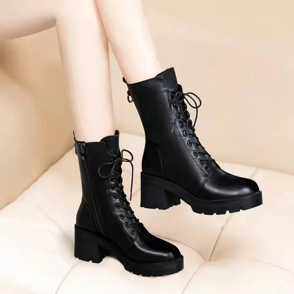 2025 Autumn and Winter New Ma Boots Female British Mid-tube Boots Korean Short Boots Tide Flat Female Leather Boots Women Shoes