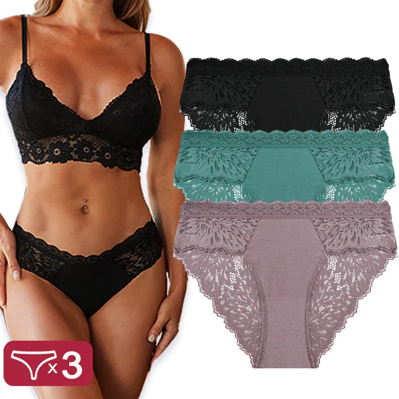 3PCS/Set Sexy Perspective Women Back Lace Panties Patchwork Cotton Underpants Hollow Out Lingerie Underwear Comfortable Briefs
