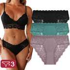 3PCS/Set Sexy Perspective Women Back Lace Panties Patchwork Cotton Underpants Hollow Out Lingerie Underwear Comfortable Briefs