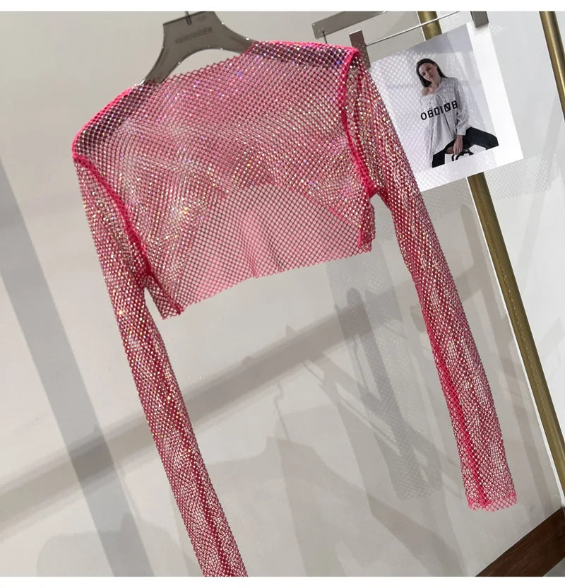 2023 new sexy bright diamond short top Slim thin Ms. hot drill long-sleeved T-shirt sexy leak waist nightclub