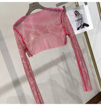 2023 new sexy bright diamond short top Slim thin Ms. hot drill long-sleeved T-shirt sexy leak waist nightclub