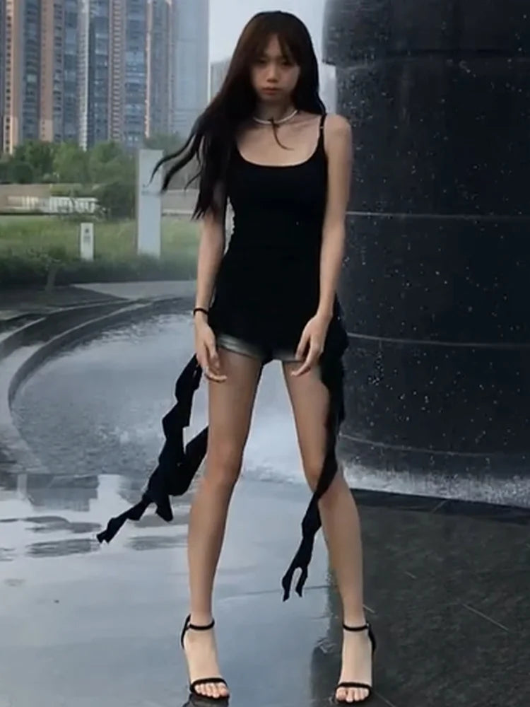 2025 Women Clothing Black Tunic Y2k Top Ruffles Sexy Camis Ropa Mujer Irrgeular Tassel Summer Vest Fashion Korean Crop Tanks