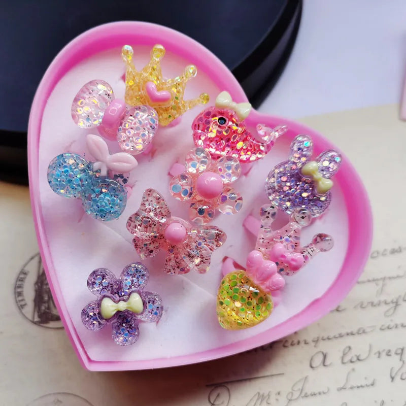 10pcs/lot Children's Cartoon Rings Candy Flower Animal Bow Shape Ring Set Mix Finger Jewellery Rings Kid Girls Toys Anillo