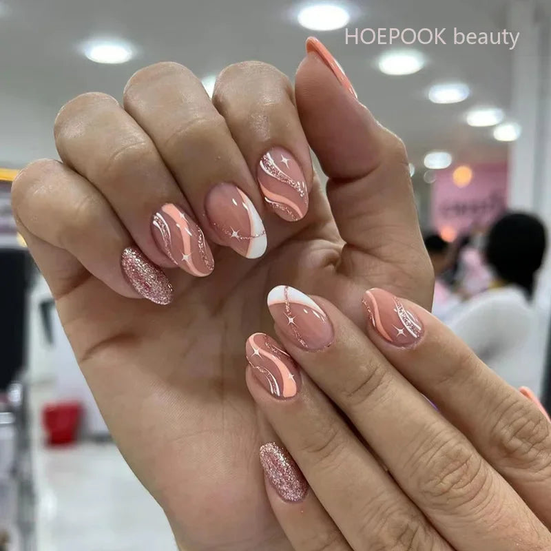 24pcs Nude French Fake Nails White Edge Almond False Nails Art Full Coverage Removable Waterproof Artificial Press on Nail