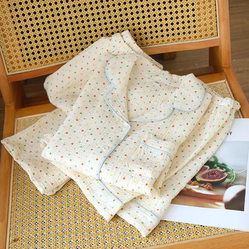 2025 New Summer Women's Pajama Set 100% Cotton Crepe Short Sleeve+Shorts+Pants 3-Piece Pajama Women's Cardigan Home Clothes