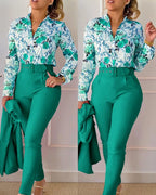 Autumn Winter Stand Neck Floral Print Long Sleeve Shirt Pants Two Piece Sets Elegant Women Casual Shirt Trousers Suits With Belt