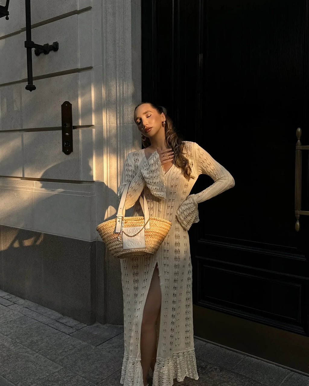 DSMTRC 2025 Holiday Knitted See-throught Cardigan Dress V Neck Long Flare Sleeves Leisure Long Trendy Single Breasted Autumn