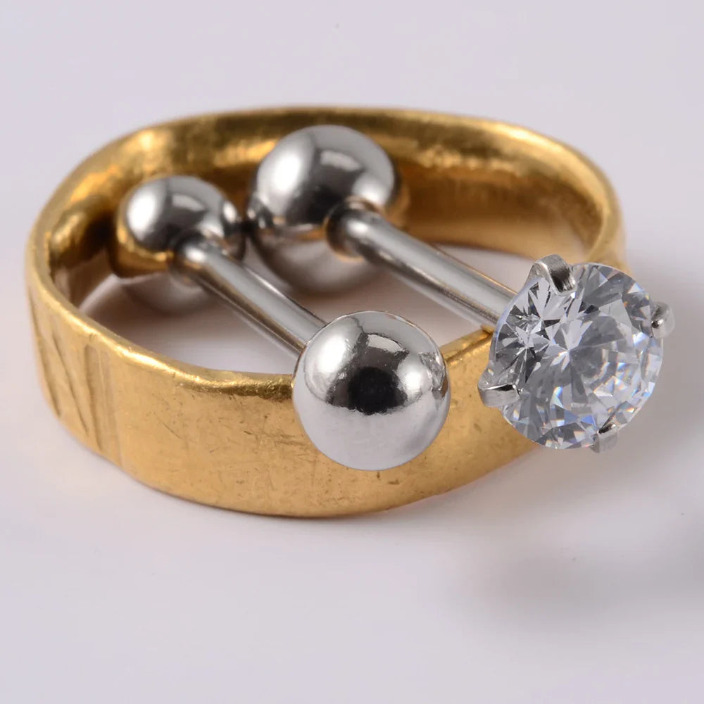 2PCS Anti-Allergy Surgical Steel  Prong Zircon Tongue Barbell Piercings Ball Tongue Barbell Rings Fashion Piercing Jewelry