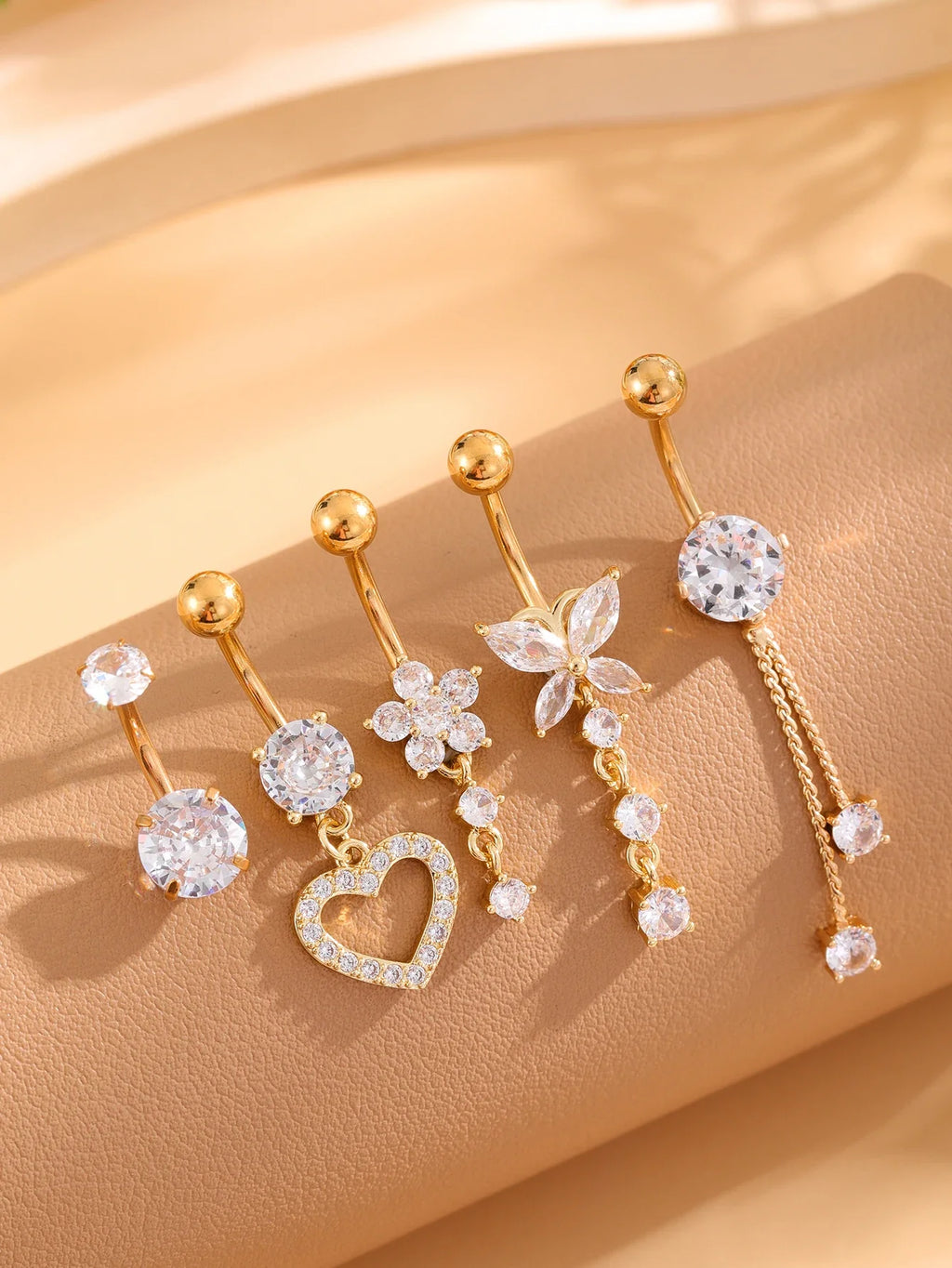 14G Gold Color Series Butterfly Dangled Belly Piercing Sets 5PCS/Lot Heart Flower Curved Navel Navel Ring Belly Button Rings