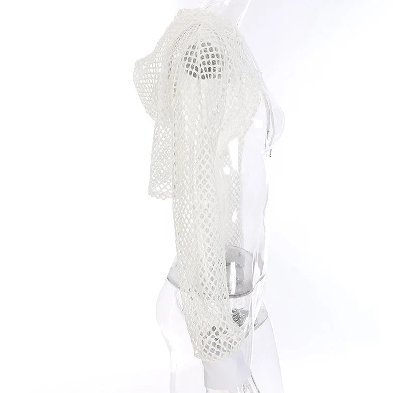 CIBBAR Street Style Fishnet Holes T Shirt See Through Hollow Out Hooded Full Sleeve Crop Top Women Casual Loose Shirt Smock Fall