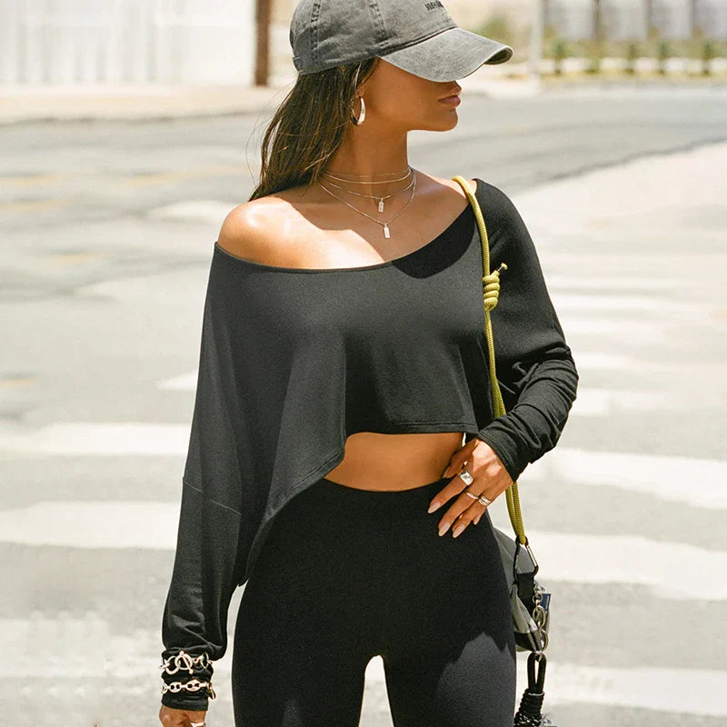 BIIKPIIK Casual Off Shoulder Solid Knitted Tops Concise Skew Collar Long Sleeve Autumn Tees For Women Sporty Irregular T-shirts